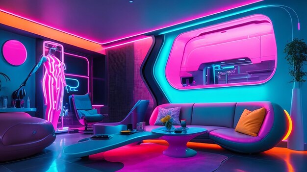 Una casa futurista con un interior iluminado con neón vibrante con muebles modernos elegantes y arte abstracto