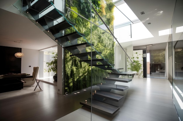 Casa futurista con jardín vertical y escalera flotante creada con IA generativa