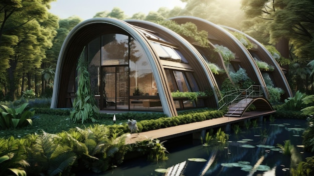 Una casa futurista en medio de un bosque