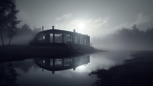 Casa futurista en la niebla