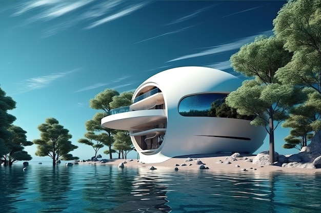 Una casa futurista a la orilla de un lago