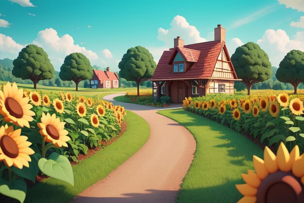 Una casa con girasoles en el camino.