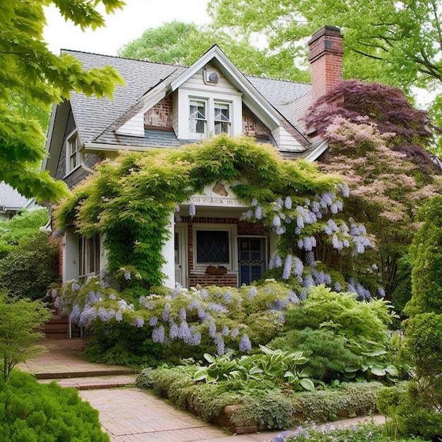 Una casa con glicinas en el frente.