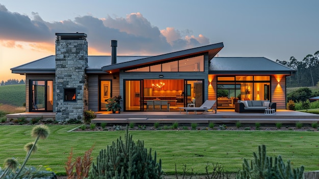 Casa con un gran patio y una chimenea de piedra