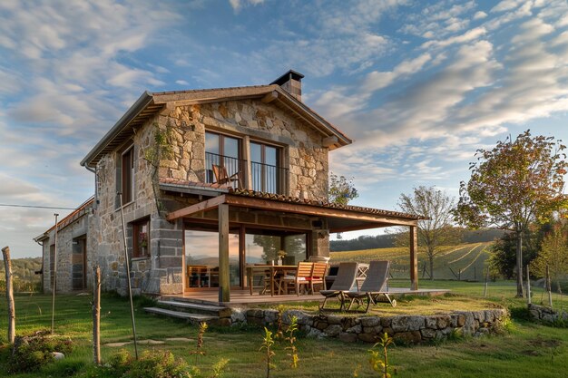 una casa con un gran porche y una mesa y sillas