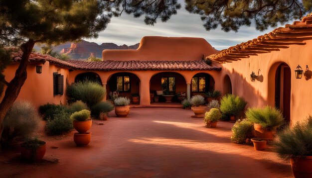 Foto una casa con una gran puerta frontal y una gran área exterior con plantas y árboles