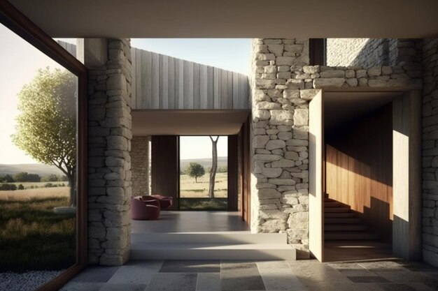 Una casa con una gran ventana y una puerta de madera.