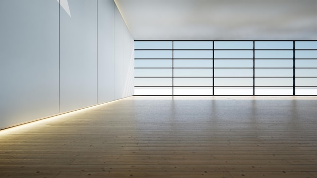 Casa con gran ventana de vidrio y piso de madera 3d renderizado