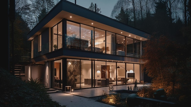 Una casa con un gran ventanal que dice 'hogar' al costado