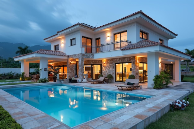 Una casa grande con una piscina y muchas ventanas la casa es muy moderna y tiene mucho de natural