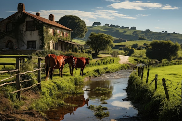 Casa de granja rodeada de campos verdes y animales generativo IA