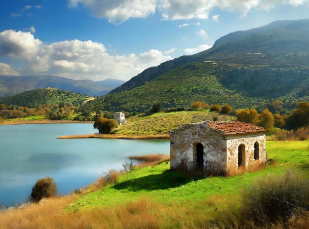 Casa griega en ruinas junto al lago rodeada de verdes colinas fotorealismo