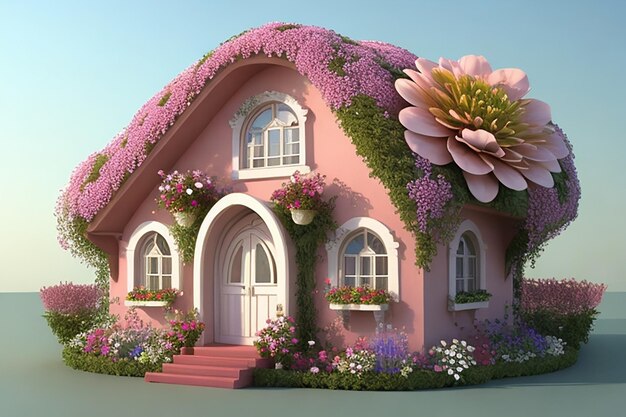 Foto casa de hadas bonita en 3d con plantilla de flores