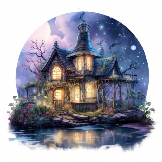 Casa de hadas de fantasía de cuento de hadas de elfo nocturno con temática oscura a la luz de la luna