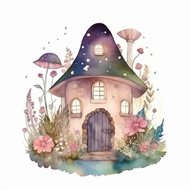 Casa de hadas en las flores. ilustración acuarela pintada a mano.