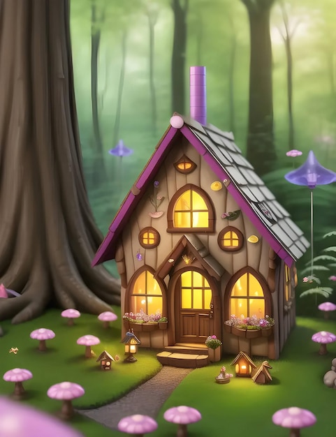 Foto casa de hadas en miniatura en el bosque con luces degradadas