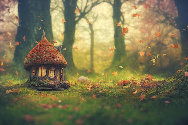 Casa de hadas rodeada de bellotas y hojas de otoño.