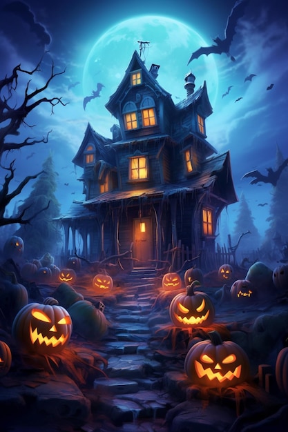 casa de halloween con calabazas y murciélagos delante de ella generativa ai