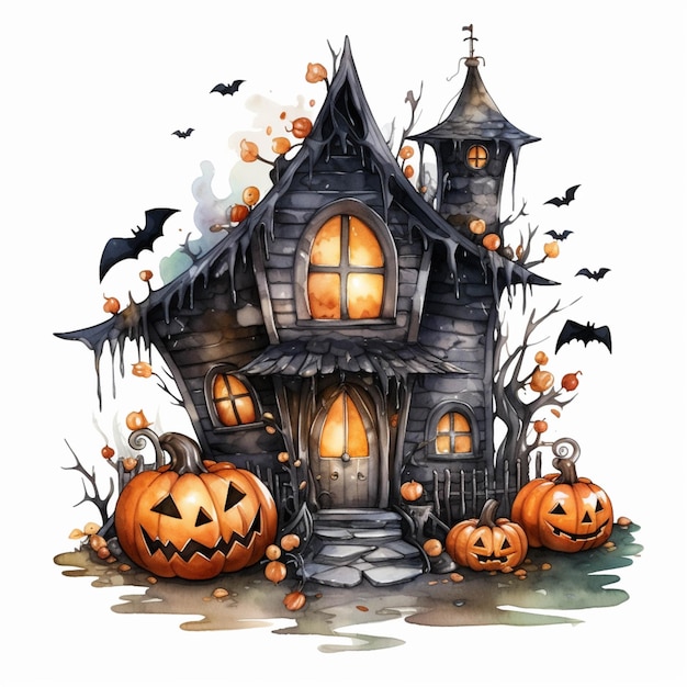 Casa de Halloween con calabazas y murciélagos en el suelo generativo ai