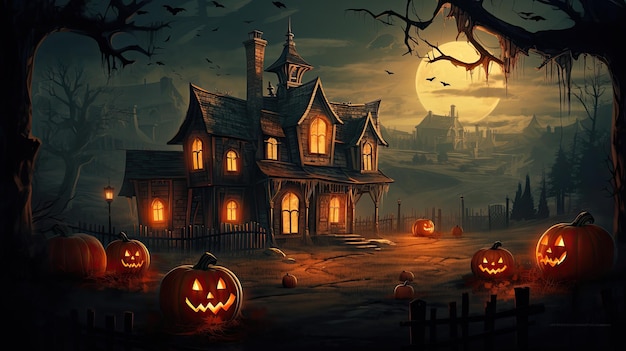 Casa de Halloween frente a la luna llena