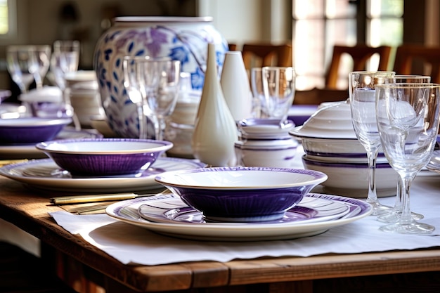 En casa hay una mesa de comedor adornada con un juego de platos en los colores blanco y morado.