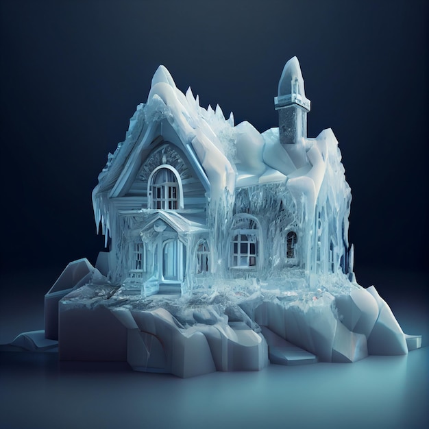 Casa hecha de casa congelada de hielo en el ártico nevado 3d render