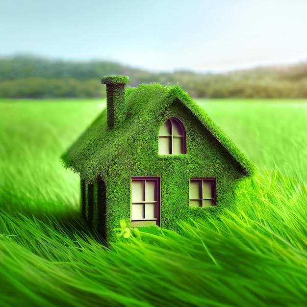 Casa hecha de hierba verde en un prado de verano montañas cielo azul en el fondo Concepto de eficiencia energética de vida sostenible