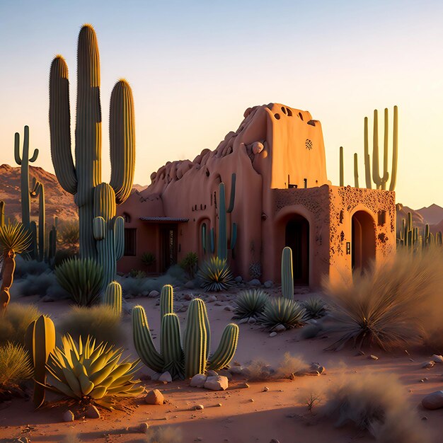 Una casa hecha de tierra en un desierto un montón de cactus a su alrededor retrato arte ilustración generativa ai