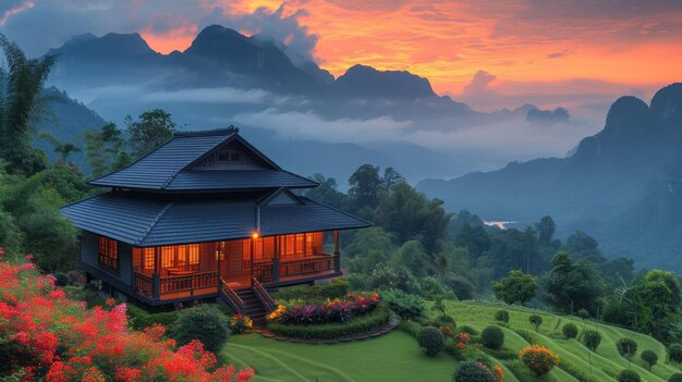 Casa con hermosa vista de las montañas en el Parque Nacional de Phu Langka, Tailandia