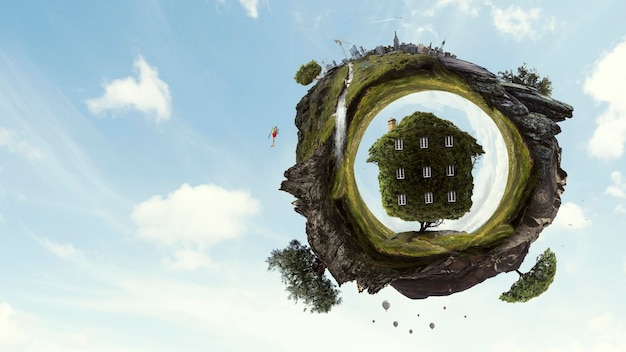 Casa de hierba verde y paisaje con hierba. Técnica mixta