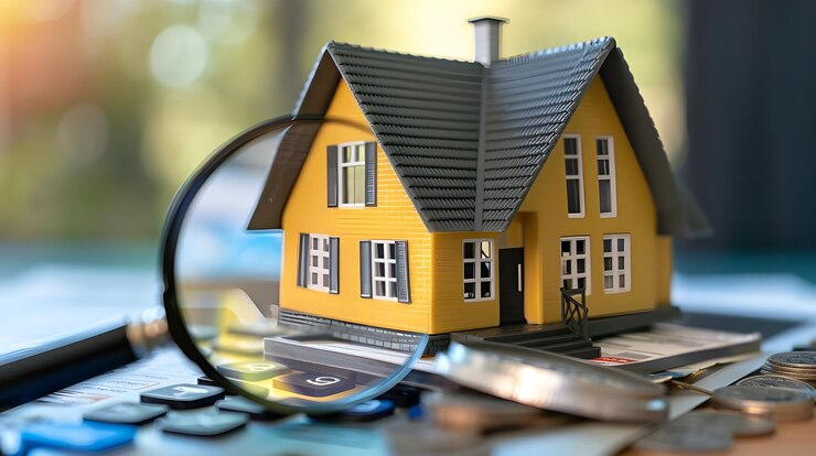 Casa hipotecada con calculadora de lupa y monedas en la mesa