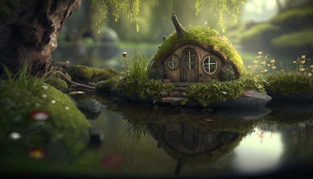 Foto casa hobbit com telhado coberto de vegetação paisagem com pequeno lago na floresta de fantasia gerada por ia