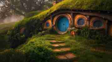 Foto casa de hobbit con hierba verde aldea puerta redonda