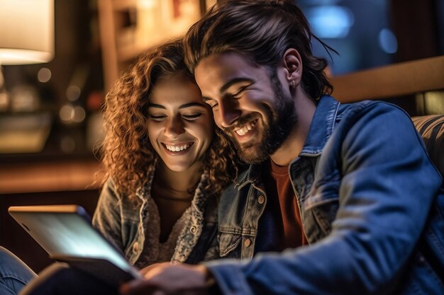 Foto casa homem mulher estilo de vida adulto sorriso feliz casal alegre tecnologia de tablet juntos ia generativa