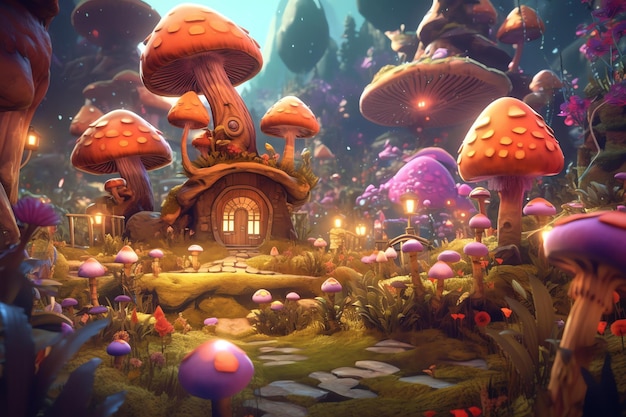 Una casa de hongos en un bosque con una casa de hongos al fondo.