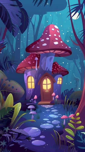 casa de hongos de dibujos animados en el bosque nocturno