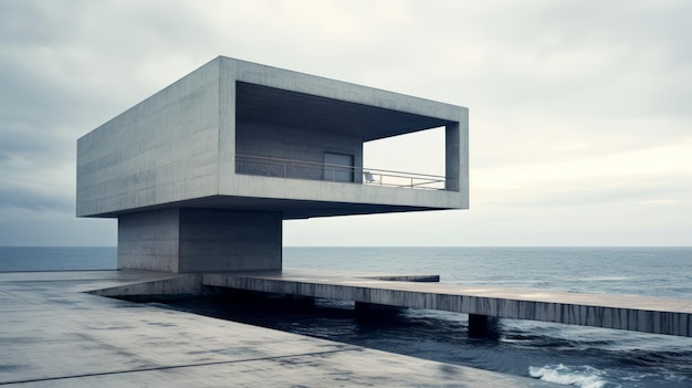 Foto casa de hormigón en el muelle del océano la geometría monocromática se encuentra con el futuro