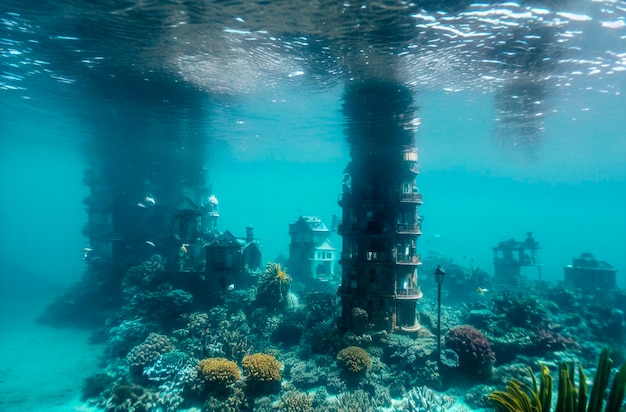 Casa hundida bajo el agua Edificio abandonado en el fondo del océano IA generativa