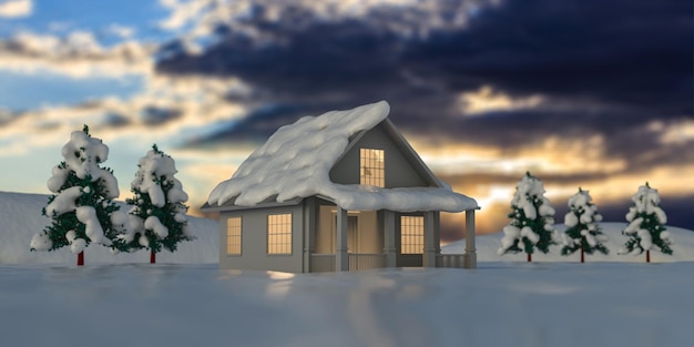 Casa iluminada na paisagem de neve azul céu nublado ilustração 3d