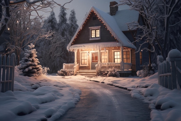 Foto una casa está iluminada por la noche en la nieve