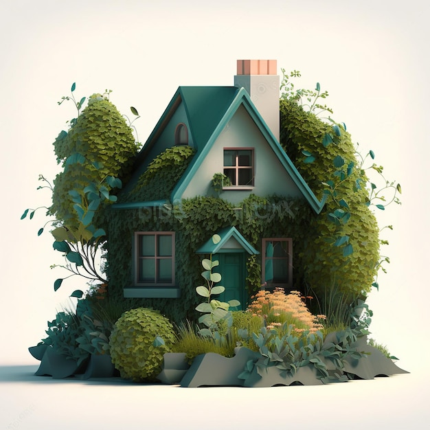 casa de ilustración 3d con plantas y jardín, hierba