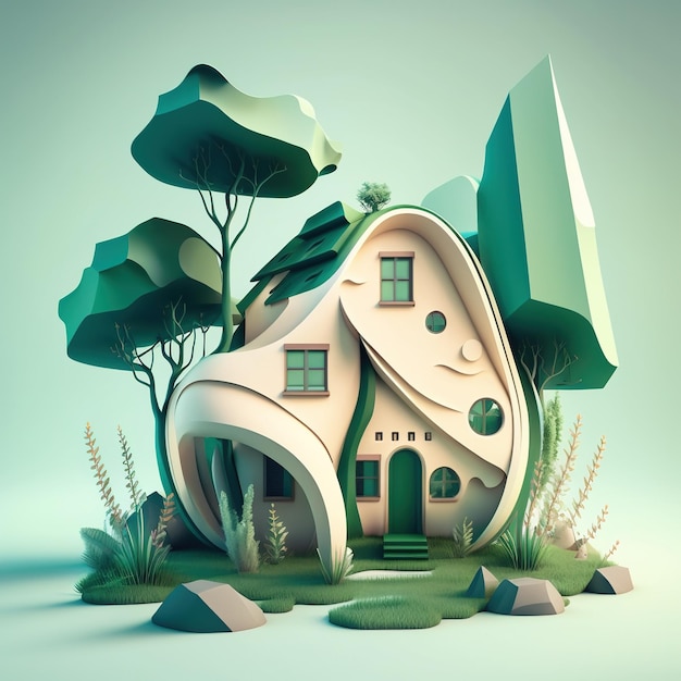 casa de ilustración 3d con plantas y jardín, hierba