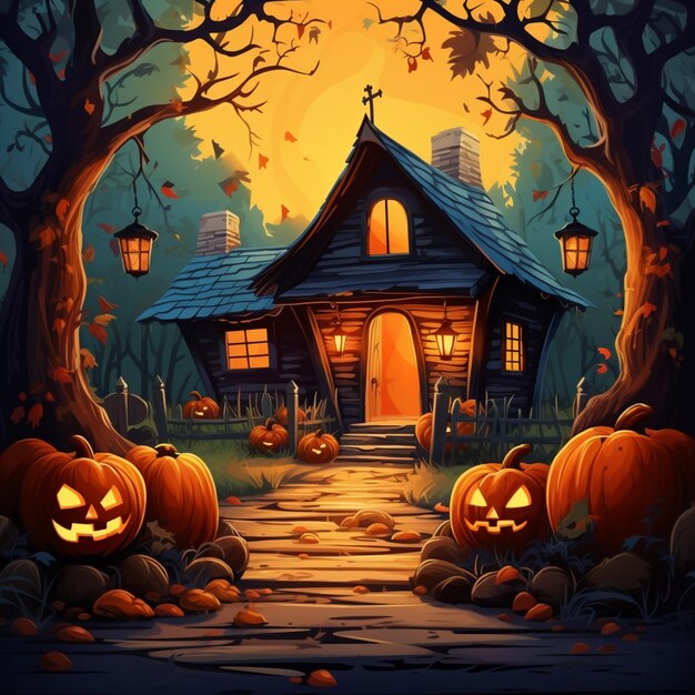 casa de ilustración de tema de halloween con calabazas