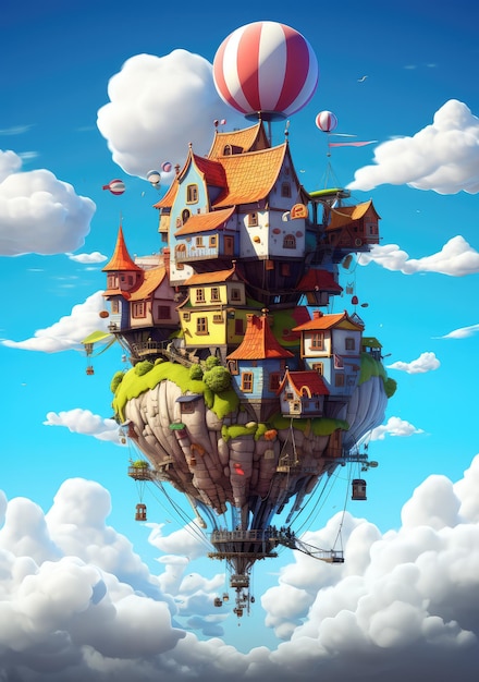 Casa de imaginación con globos flotando en el cielo azul con sol y nubes blancas y esponjosas