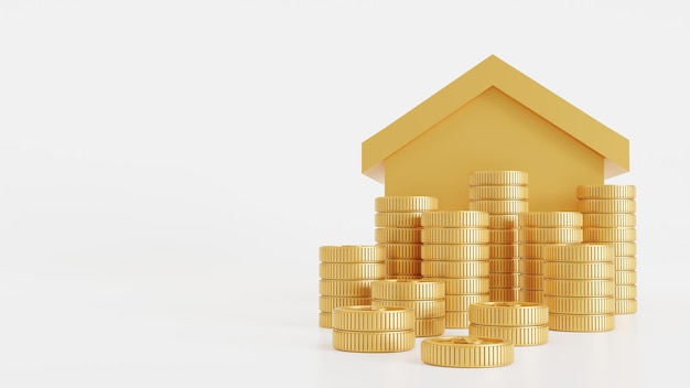 Casa imobiliária dourada com economia financeira residencial, renderização em 3D