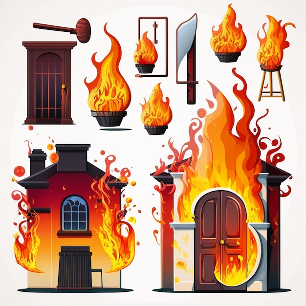 Casa incendiada com porta queimada cozinha fumegante em chamas quentes chama ilustração conjunto de isqueiro