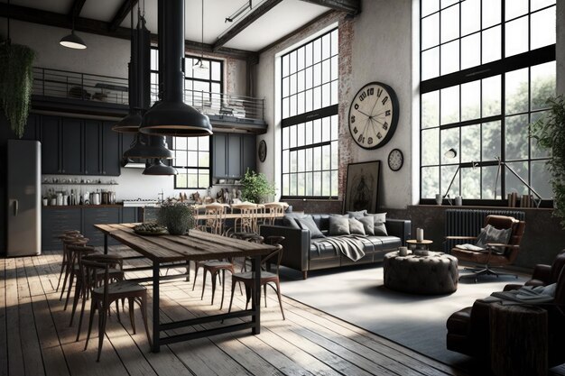 Casa industrial com decoração minimalista, móveis elegantes e designs clássicos criados com IA generativa