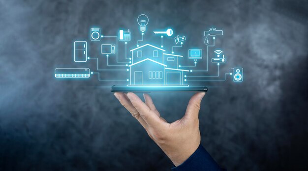Casa inteligente casa inteligente y aplicación de automatización del hogar concepto de seguridad Internet de las cosas y concepto de casa inteligente Controlar todo con un teléfono inteligente o gadget utilizando la aplicación