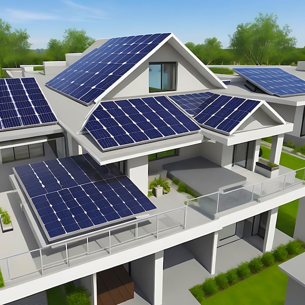 Foto casa inteligente genérica futurista com sistema de painéis solares em ia generativa no telhado