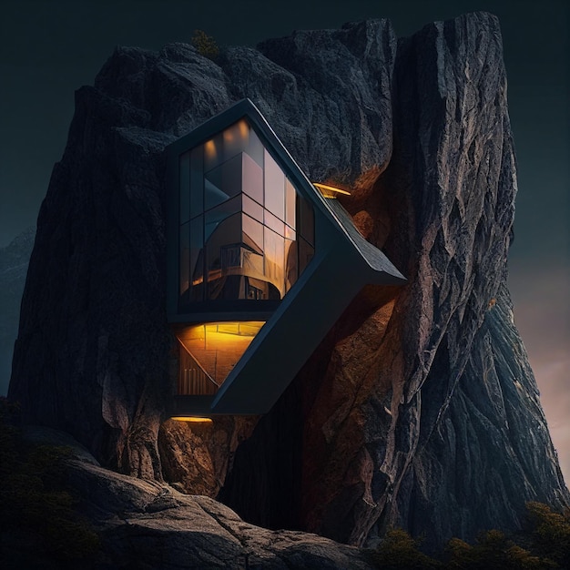 Casa inusual en lo alto de la montaña, arquitectura creativa fantástica